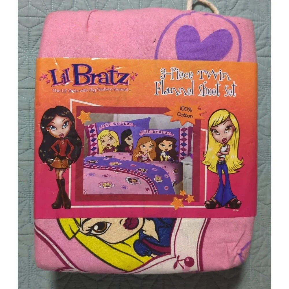 Vtg Y2K Lil Brats Wild Ride 3-Piece Flannel Sheet Set NIP Drawstring Bag Pink